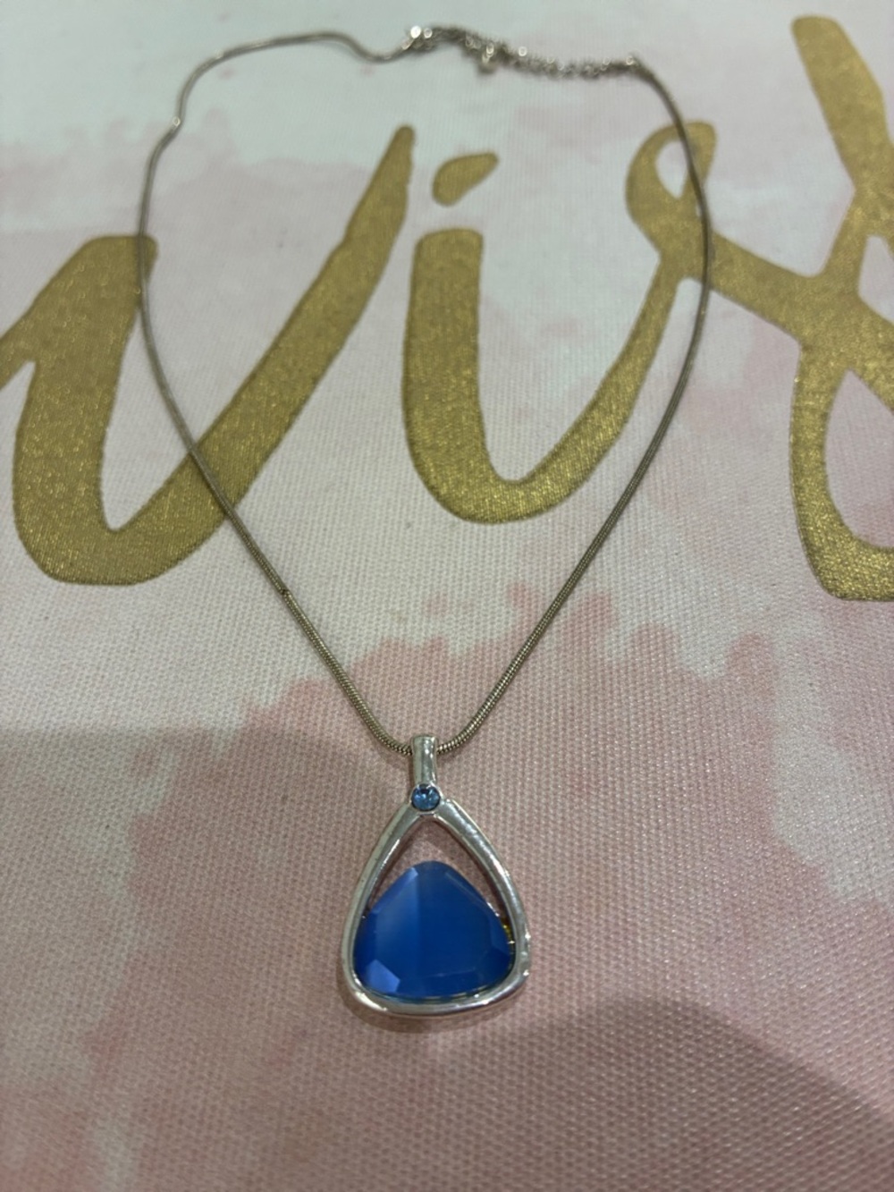 Blue Teardrop Glass Or Gem Stone Pendant Necklace - Silver Tone